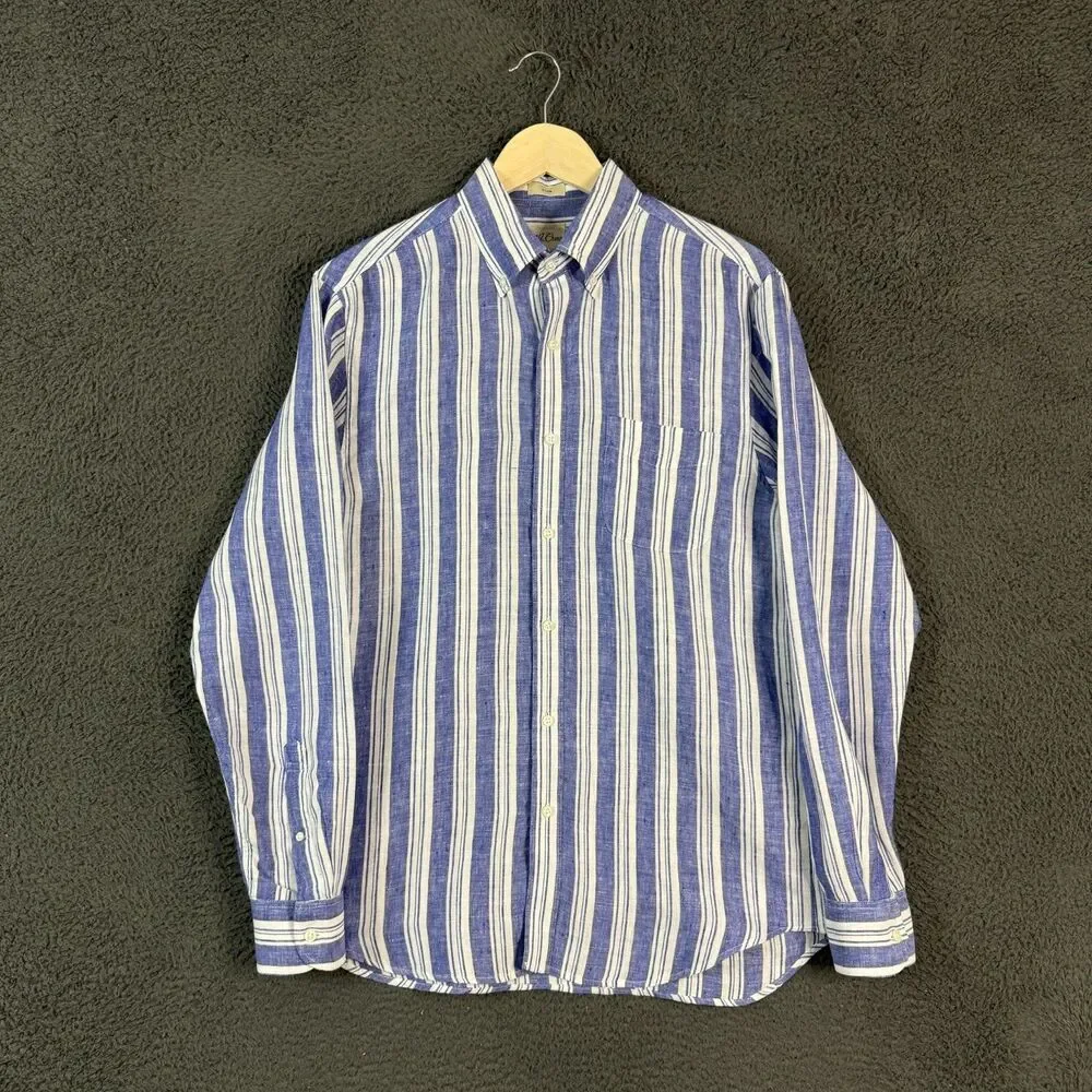 J Crew Shirt Mens Medium 100% Linen Blue Striped Slim Fit Lightweight Preppy